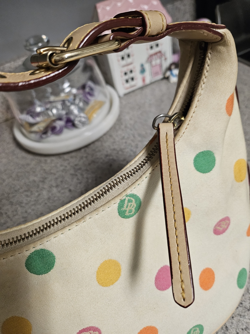 Dooney & Bourke Cream Shoulder Bag with Multicolor Polka Dots - Picture 2 of 16
